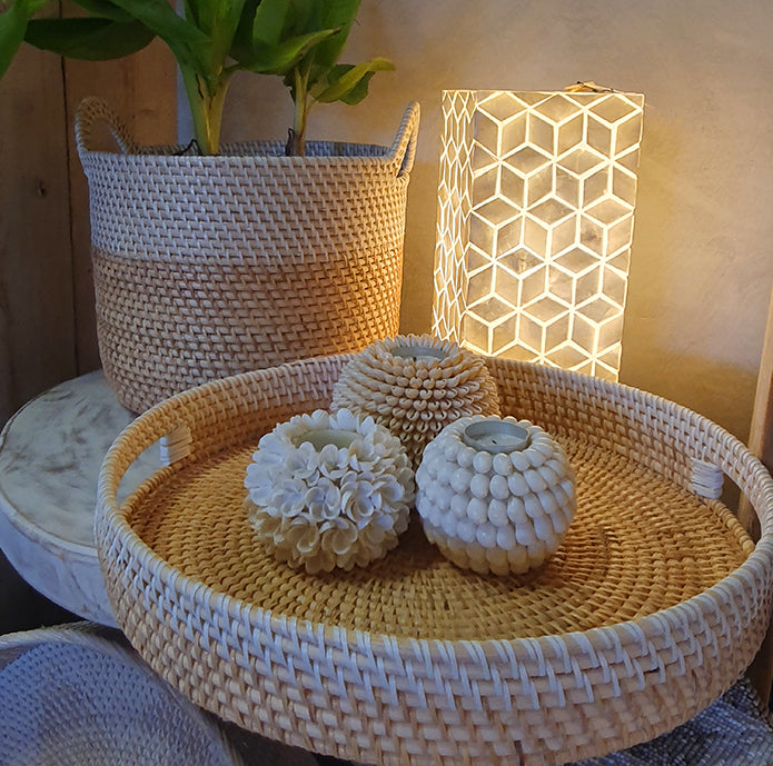 Rotan dienblad - naturel met witte rand